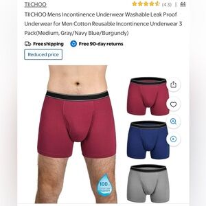 Men's Incontinence Underwear 3-Pack - Gray, Navy Blue, Burgundy Size Small New